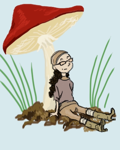 "Bound 2," an illustration by Amanda Wood showing Dollissa, a small tiny person, resting in the shade of a small mushroom. Her yeezy fashions on display.