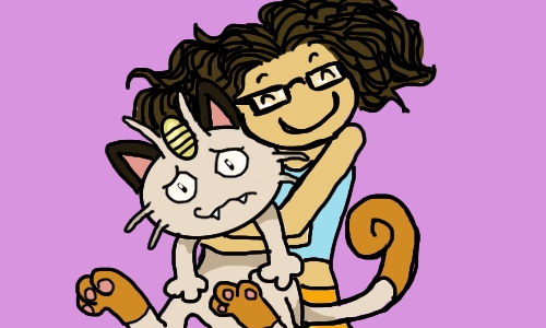 Dollissa is standing there, giving a Meowth a great big hug. Meowth seems sad and resigned to this, like any cat.