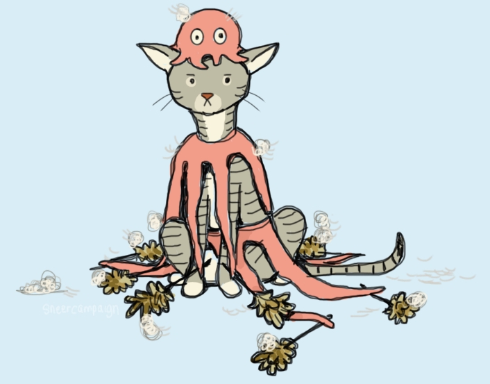 Illustration of Haircut, a tabby tuxedo cat, dressed in a complicated three part octopus costume. Each tentacle arm has a feather duster attached to it. There are dustbunnies and hairballs all around her. She looks mad, by the way.