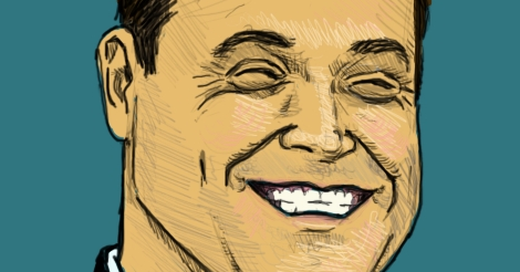 An illustrated close up of Robbie Williams smiling.