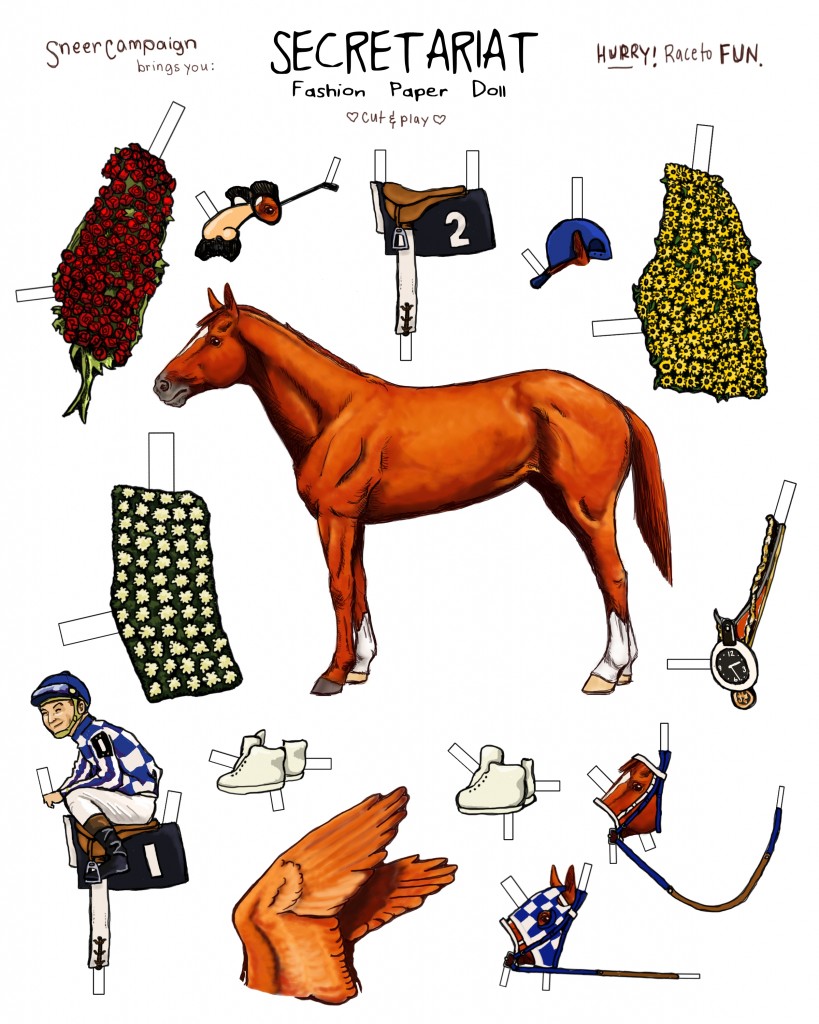 This is a full page to print out with a very nice drawing of Secretariat surrounded by the items listed in the paragraphs above. An important and instinctive detail is that if you were to print these out, it would probably be so annoying and difficult to cut them out with scissors.
