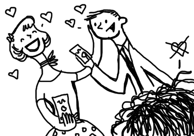 A man and a woman withe money in their hands and heart bubbles all around do some happy flirt. Dollissa's head is in the corner, apparently looking at them and seething.