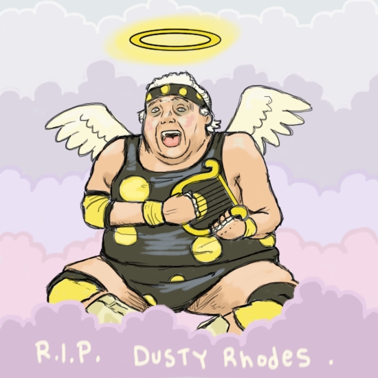 Illustration of Dusty Rhodes wearing a black leotard with yellow dots, sits upon a heavenly cloud, strumming a little angelic harp. He also has wings and a halo.