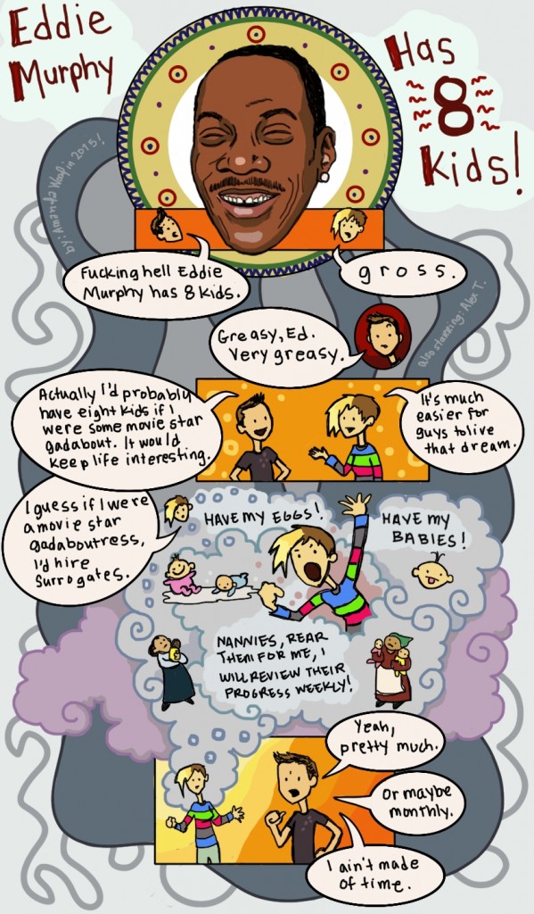 This is a chat comic called "Eddie Murphy Has Eight Kids, and it stars Alex T and Amandoll.  

Alex T and Amandoll think it's gross to have so many children. Then Alex T confesses that if he were a celebrity gadabout, he might have so many kids to keep life interesting. Amandoll says she guesses if she were a celebrity gadaboutress, she would hire surrogates.

There is then a scene where she shouts "have my eggs! have my babies! nannies, rear them for me, I will review their progress weekly!"

At this point, Alex T agrees and then says, "or maybe monthly. I ain't made of time."