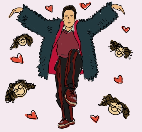 Harry Solomon is wearing a big fuzzy coat and wildly striped pants in this drawing. His arms are raised and one leg is up and Dollissa appears as four heads surrounding him, along with multiple heart bubbles.