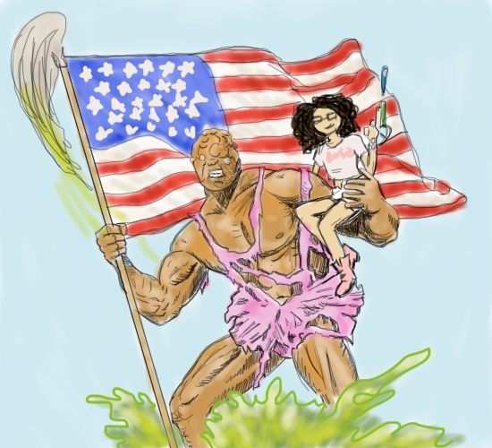 An epic illustration of the Toxic Avenger splashing in toxic waste, holding up a mop that has the US Flag on it, billowing perfectly behind him.

In his left arm he holds our very own Dollissa, who is happy to be there and holding a water gun -- a super soaker.
