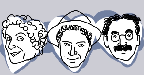 A drawing of Harpo, Chico and Grouch with hearts around their heads.