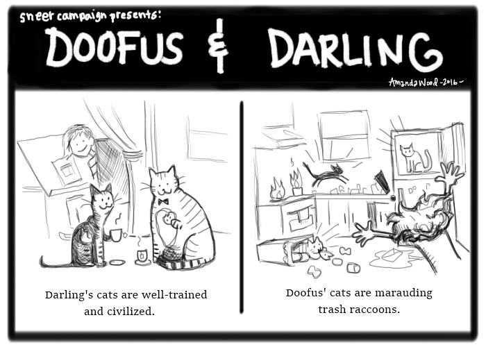 A two panel comic called Doofus and Darling. On the left, Zesta and the Captain, two cats, sit politely on the floor eating cookies and tea. The Captain has a little bow tie on. In the background, Amanda, sitting at her drawing desk, looks back at them, smiling. The caption says, "Darling's cats are well-trained and civilized."

On the right, the panel shows Doofus happening upon chaos and mayhem in her kitchen. Cats are in the garbage, setting fires, in the freezer. The caption says, "Doofus' cats are marauding trash raccoons."