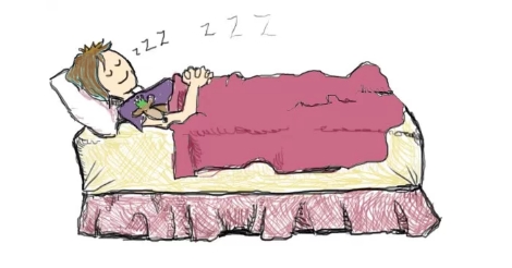 Amandoll is happily asleep in a bed in this drawing.