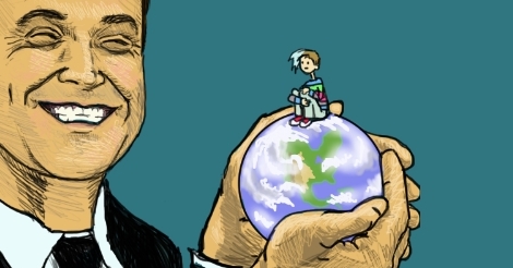 An illustration of Robbie Williams, musician and entertainer, holding the whole world. Amandoll sits atop the globe, looking at him as he smiles at the camera -- or I guess at the illustrator.