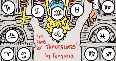 An image of the Waites-Ryder tarot version of the hierophant, with orbs of the western astrology zodiac symbols replacing his face and things like that. It says "It's time for tarotscopes by Tonyana"