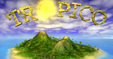 The game's title scene: Tropico written big with the sun as the O. A small island sits below it. All is beautiful.