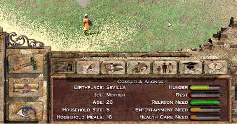 Scene from the game. A tiny figure in an orange dress walks along carrying what seems to be a basket. Beneath her is a panel showing her name and facts and stats about her.