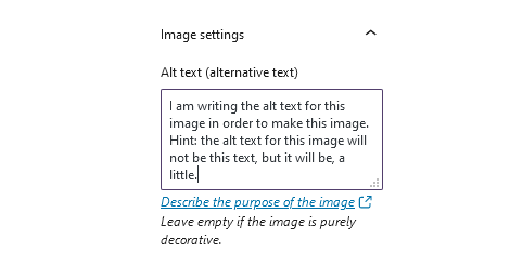 An image of a screencap of the Alt Text box in our website editor. There are words in the box that say, "I am writing the alt text for this image in order to make this image. Hint: the alt text for this image will not be this text, but it will be, a little."