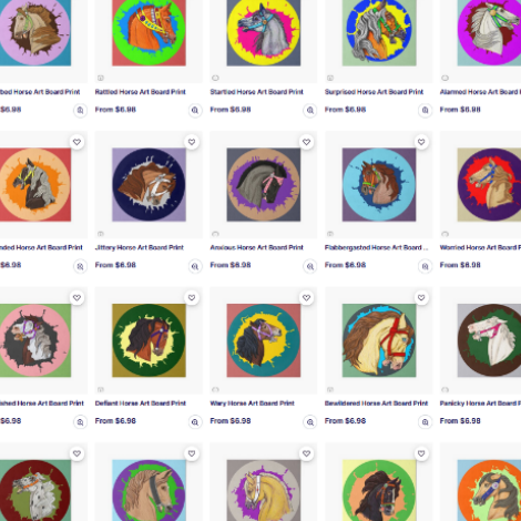 Screencapture image of twenty listings of designs showing frightened horses, basically. Thats what carousel horse heads are. Studies of horse fear.