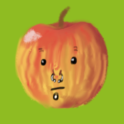 A stripedy pinkish yellowish red apple with facial piercings and a little blank stare.