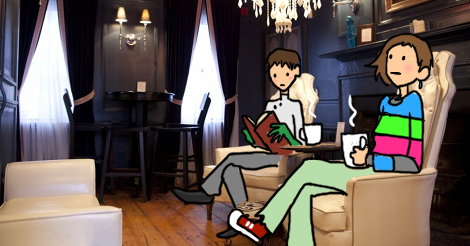 This is an image from the duck and bunny website, of their old interior. C Chris and Amandoll have been drawn lounging in the chairs. She is staring off, daydreaming. He is reading a book.