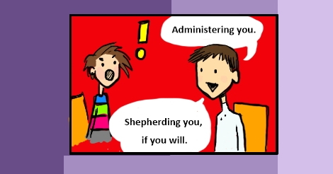 An old comic's panel where Amandoll in in the background, jaw dropped completely in rage, while cchris says, "administering you. Shepherding you, if you will."