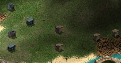 Screencapture of gameplay. This is a little cluster of shacks on a slightly less vertical part of the island, by the beach.
