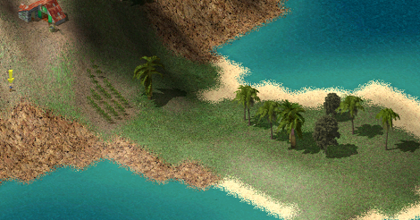 Screencap of Tropico showing a little flat outcropping of land.