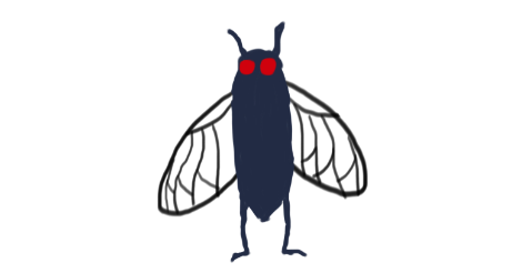 A simple drawing of a cicada with red eyes and wings, standing upright like a human.