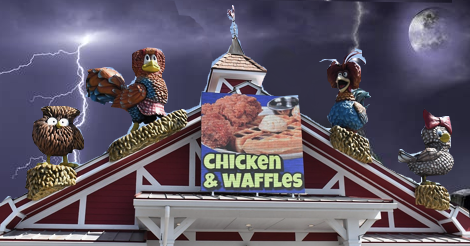 The intro image features the front of this edifice which resembles a barn, only with 4 large cartoonish chickens, or at least they are meant to be although at least one looks like an owl and another looks like a sparrow of some kind, dressed in bows and bib overalls up on the roof. Behind, a superimposed night sky with a full moon and dangerous forked lightning looms along with the chickens.