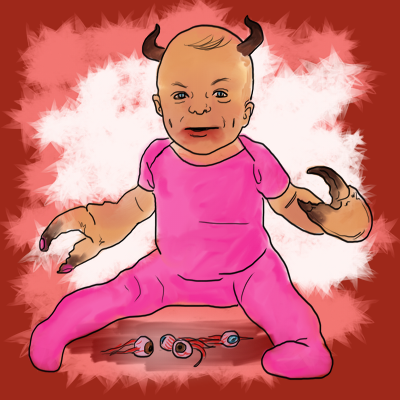 Illustration of a little devil baby with horns and terrible fleshy hand-pincers. They look like crab claws, but they are 2 human fingers. The baby is dressed in a magenta onesie and has about four eyeballs detached and sitting in front of it. There is implied blood.