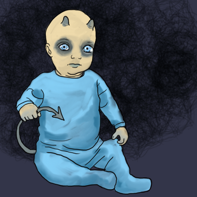 An illustration of a baby which looks like it is probably a quiet baby. It has little blue-grey horns and a devil tail, which it is holding. It wears a blue onesie and is surrounded by a dark and threatening aura.