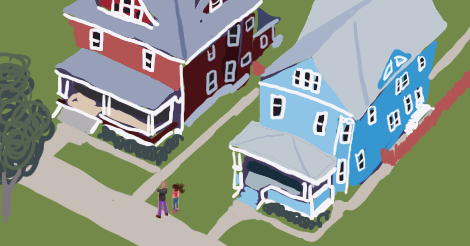 Very shaky drawing of the two houses, courtesy of tracing over Google Maps' 3D view at a reasonable gameplay angle. Billy and Dollissa are extremely tiny, basically just pixels, standing in front of them.