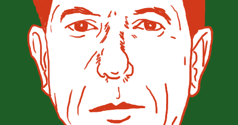 An up close illustration of Leonard Cohen, who is plain old stark white and drawn in red lines. The background is evergreen color.