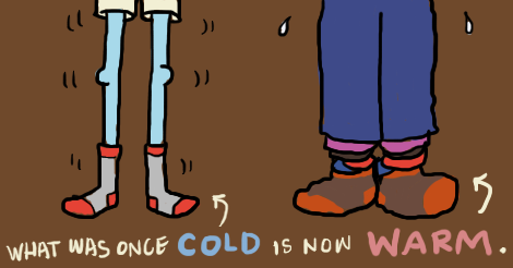 This illustration shows two pairs of legs (it is meant to be the same legs on both sides). On the left are skinny blue legs wearing boxer shorts and socks. Shivering. On the right is legs abundantly thickly covered with pants and socks so thick they look like orbs. Along the bottom it says "what was once cold is now warm."
