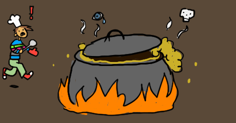 Drawing of an overflowing cauldron. The soup is yellowish and thick and emanating cry eyes and skulls. An Amandoll dressed as a chef is running over with a ladle and oven mitt.