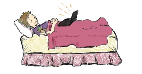 Drawing of Amandoll lying in bed, eyes open but tired. An eyebrow shows that she is engaged in state of exhaustion or ennui. There is a laptop on her belly.