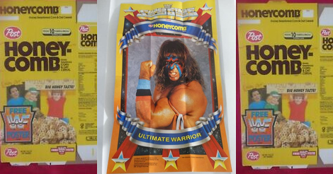 A mild collage that has the Ultimate Warrior Honeycomb poster in the middle and the honey comb boxes on each side of it. The boxes from when it was from.