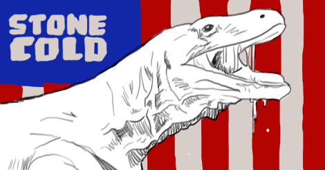 Illustration of a white komodo dragon -- or really a komodo dragon absent of any color -- in front of a USA Flag. Where the stars should be it just says "stone cold" instead.