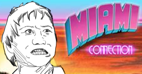 Illustration of Y K Kim, devoid of color like the komodo dragon, grimacing in rage in front of the Miami Connection title screen, which is like a Miami Sunset.