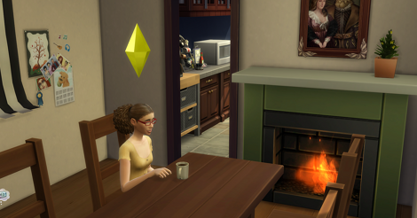 Screencap of Dollissa's sim sitting at a dining table. There is a fire roaring in the fireplace. Her little diamond above her head is yellow. Hopefully the coffee improves her mood.