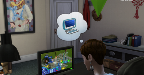 Looking over the simulated Amandoll's shoulder while she sits at her desk in her office. She is playing the game's Sims game. You can see a giant sad clown painting, hanging jackets, and a table with trinkets on it. True to life.