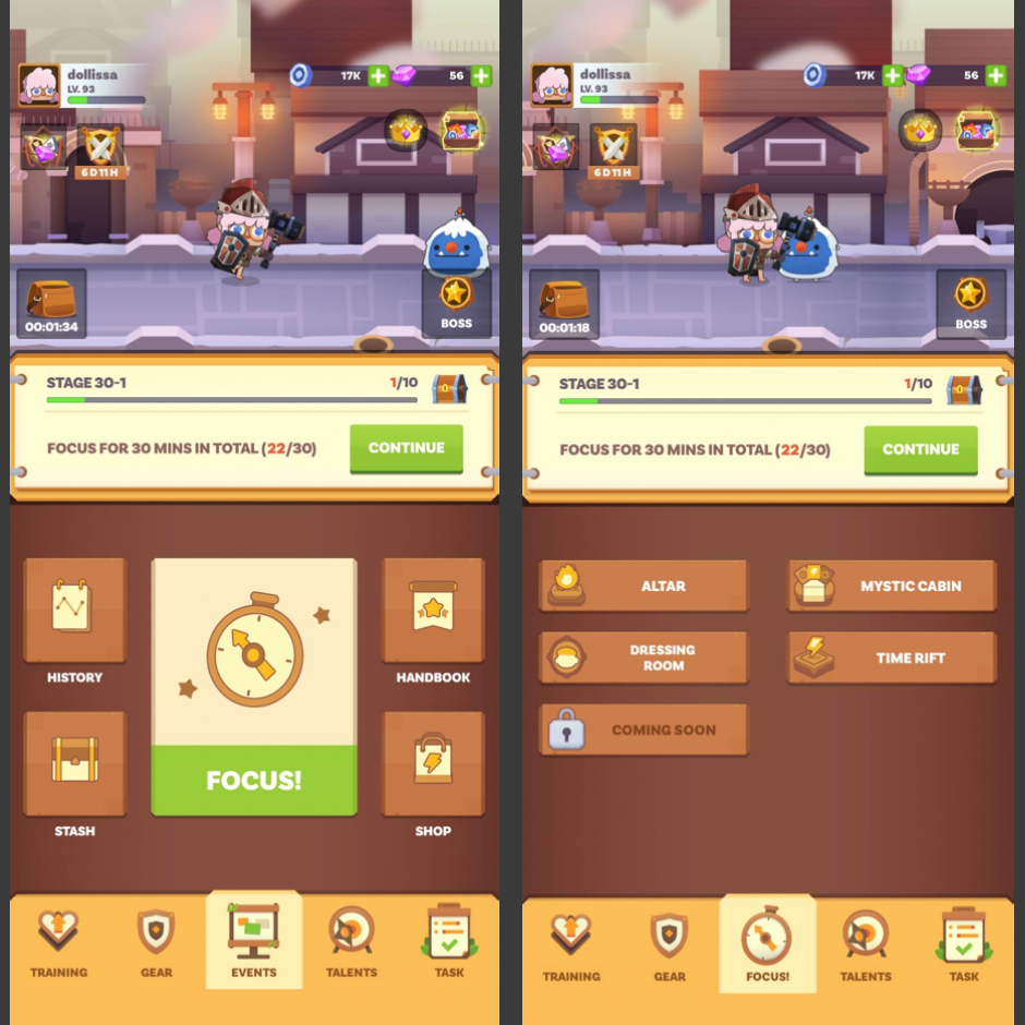 Side by side screen captures of the app. On the left, the Dollissa adventurer (wielding a hammer and looking like an empty-eyed pink-haired Viking) is running towards some cute blue circular monster. There is a challenge where she should be focusing on things for 30 minutes -- she has focused for 22 so far. Along the bottom there is a big box that says Focus! and four smaller boxes that say: History, Stash, Shop, and Handbook.

On the right side, the screen grab shows that dollissa's avatar is attacking the monster. The bottom panel now shows five rectangle boxes which say: altar, dressing room, mystic cabin, time rift, and "coming soon."

On both screens, the bottom has an ever-present menu bar that lists: training, gear, events or focus (it changes), talents, and task.