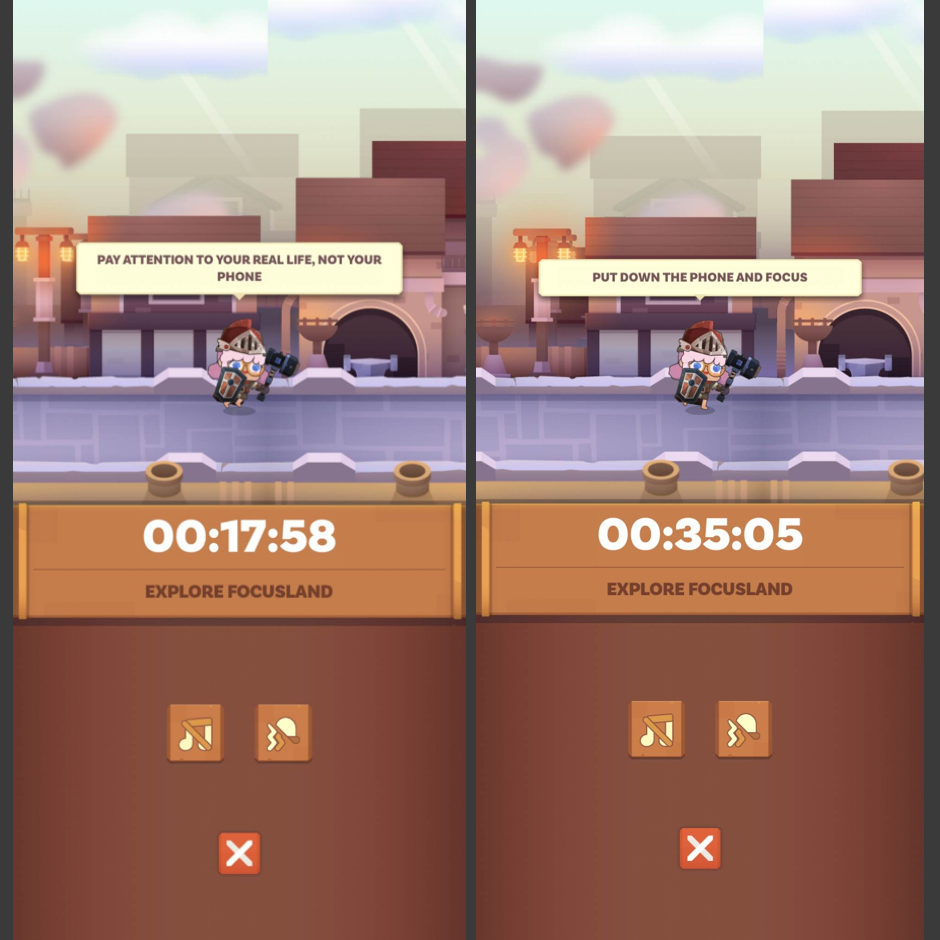 Another side by side screen capture of two screens, this one shows the dollissa running along a bridge or top of a castle wall. There is a timer bar underneath, one side shows 17 minutes and 58 seconds and the other shows thirty-five minutes and five seconds. On the left the dollissa is saying in a speech bubble: "Pay attention to your real life, not your phone." On the right side, the dollissa is saying: "Put down the phone and focus."