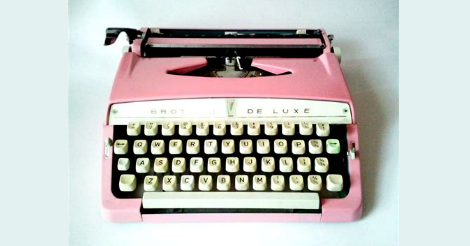 Screen captured image of an old fashioned looking "brother deluxe" candy pink typewriter.