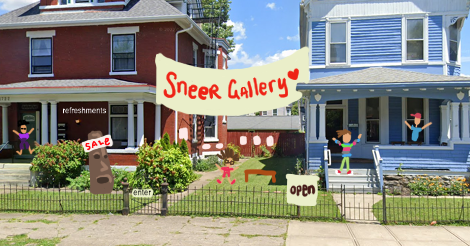 Screen cap of the exterior front yard area of the Sneer Compound (red brick house on left and blue wooden house on right) with tiny additional drawings drawn on top of it, showing Manny, Dollissa, Amandoll, and Jamie looking like little stick figures. There is a big banner that says Sneer Gallery between the houses, a little sign that says open and evidence of displayed art and sculptures on sale.