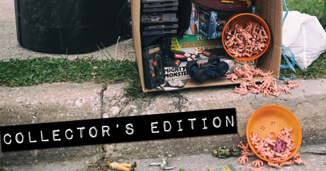 A cropped photo of the Subtastics album from 2021 called "collector's edition." It is a scene of a bunch of old nintendo games and tiny plastic babies spilling out of a box on a curb, set out along with the trash.