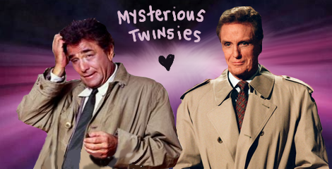 With the mysterious Unsolved Mysteries colors as the background (purple white and black) Columbo and Robert Stack are superimposed atop of it, side by side, both in matching trench coats, in opposite states of repair. Shabby vs sheik. Between them is written "Mysterious Twinsies."