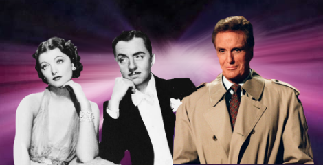 The Unsolved Mysteries colors radiate in the background as Robert Stack stands superimposed, sort of smirking. Also standing with him are black and white images of Myrna Loy and William Powell in their roles as Nick and Nora Charles. They look very dashing and bored.